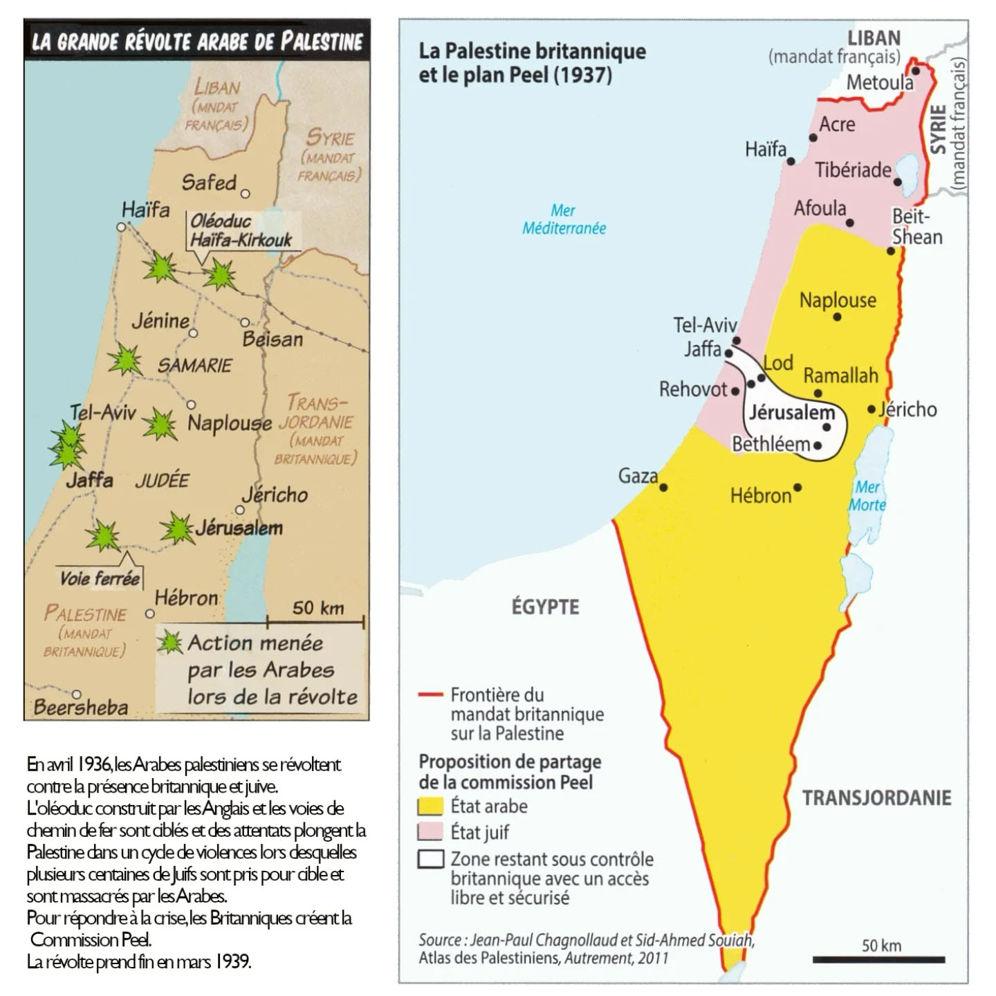 Carte historique montrant la Palestine sous mandat britannique avec la révolte arabe de 1936-1939 et la proposition de partage du plan Peel de 1937 entre État juif, État arabe et zone sous contrôle britannique.