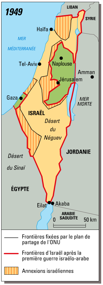 Carte en couleur représentant la Palestine suite aux différentes ennxions israéliennes en 1949. En vert le territoire arabe, en jaune le territoire israélien après le mandat britannique.
