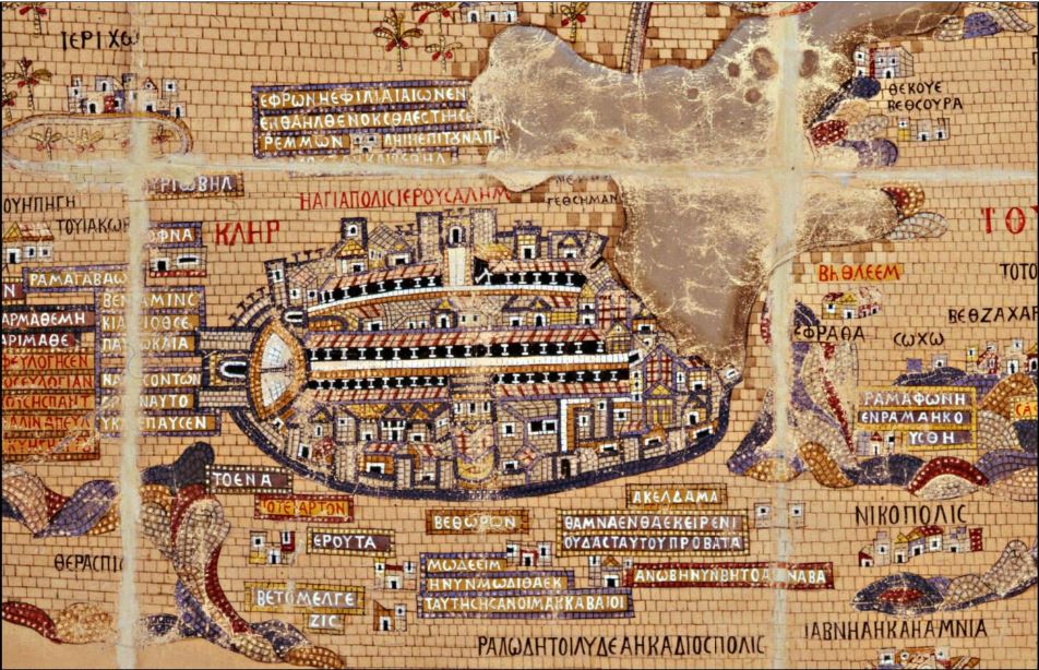 Mosaïque représentant Jérusalem byzantine. Église Saint-Georges de Madaba Jordanie